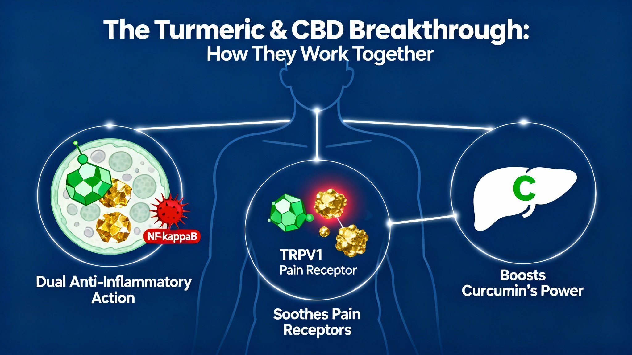 Infographic explaining the synergistic breakthrough of turmeric and CBD, detailing their dual anti-inflammatory action, effect on pain receptors, and bioavailability boost.
