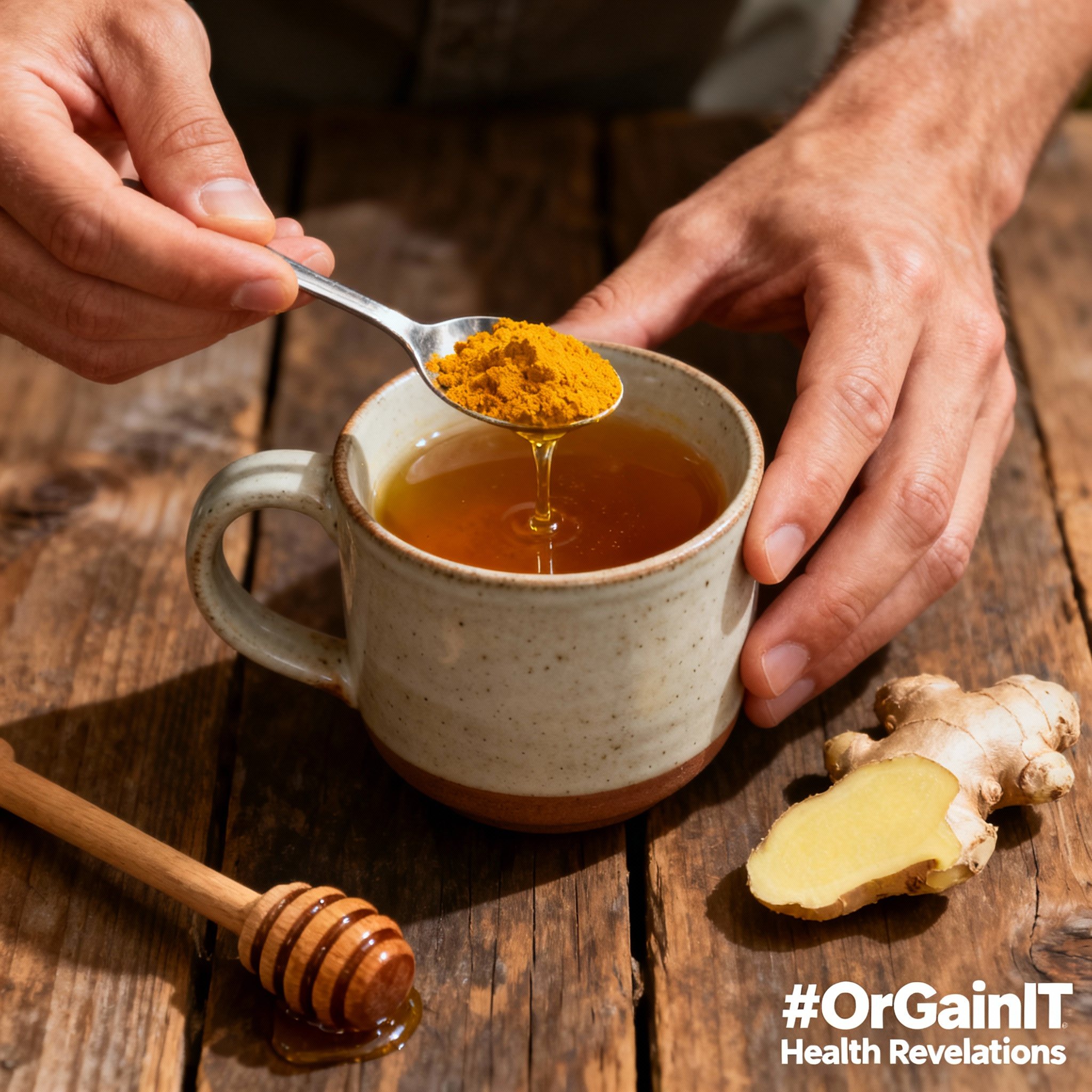 A close-up, authentic photo of a man's hands preparing a homemade turmeric tea for digestion, with turmeric powder, fresh ginger, and honey on a rustic table.