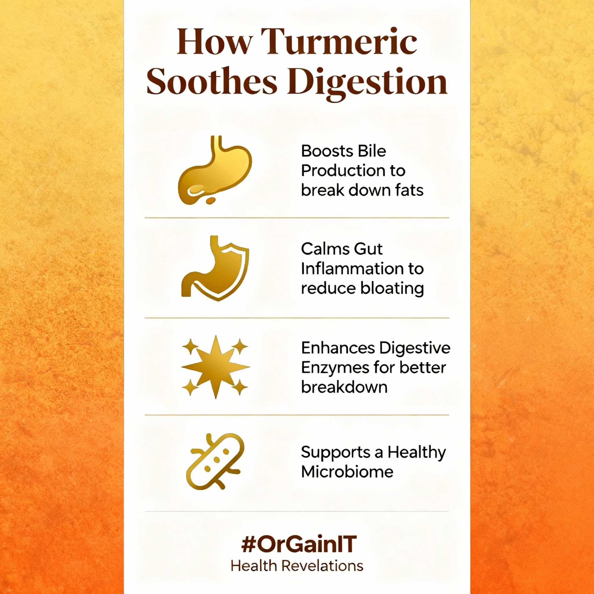 An infographic titled 'How Turmeric Soothes Digestion' explaining the four key benefits: boosting bile production, calming gut inflammation, enhancing digestive enzymes, and supporting a healthy microbiome.
