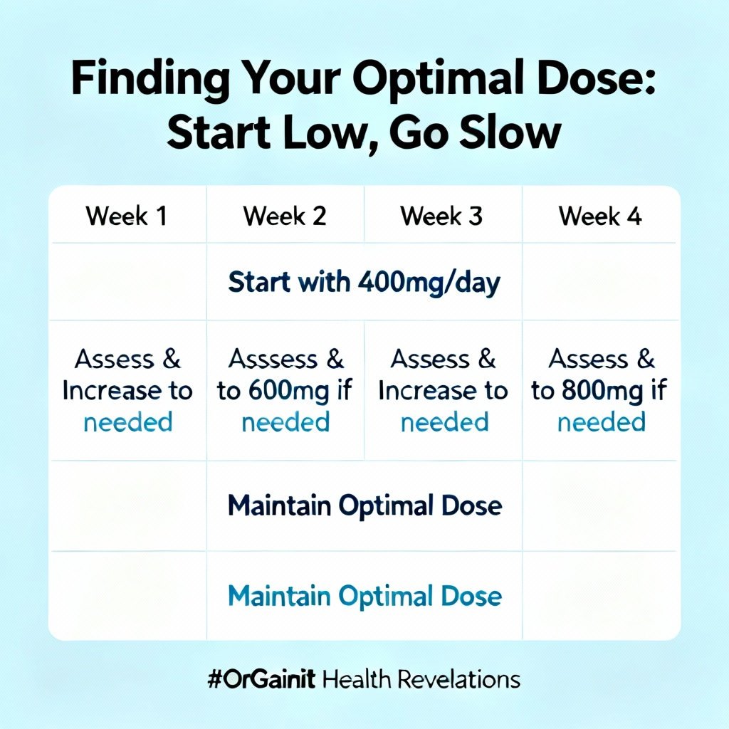 A 4-week infographic schedule showing a titration protocol for finding the optimal Nootropics Depot curcumin dosage, starting low and increasing gradually.