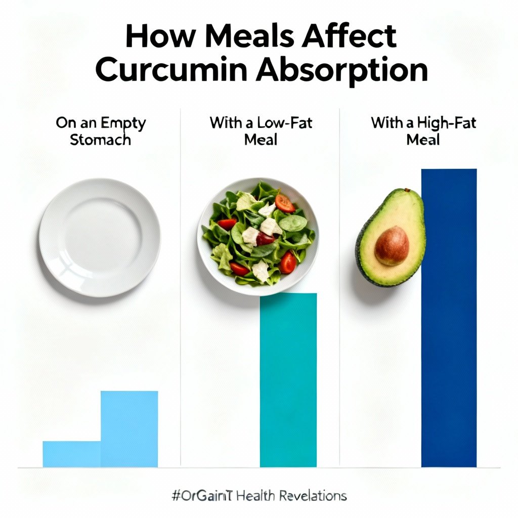 Comparison chart showing how different meal types—high-fat, low-fat, and no food—affect Nootropics Depot curcumin absorption rates.
