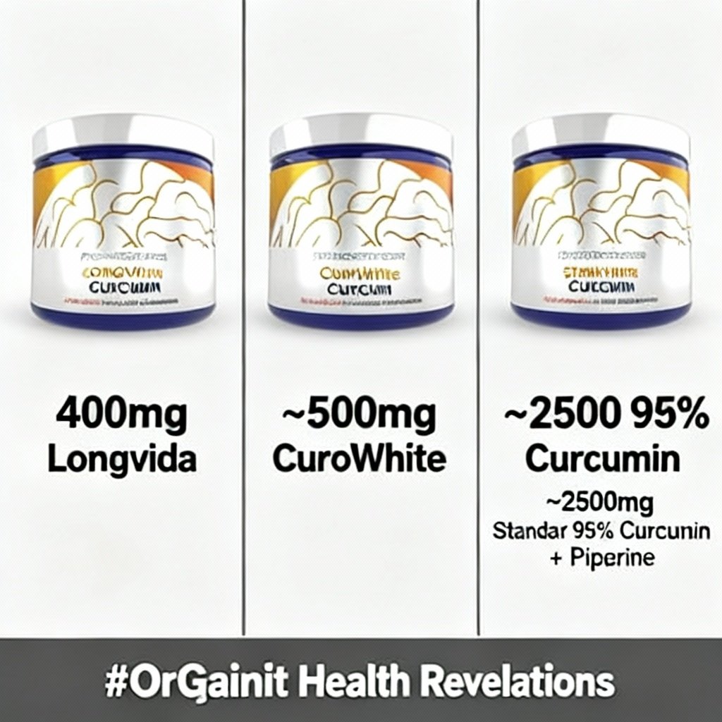 Comparison chart showing the equivalent effective dosages for Nootropics Depot's Longvida, CuroWhite, and Standard 95% Curcumin formulations.