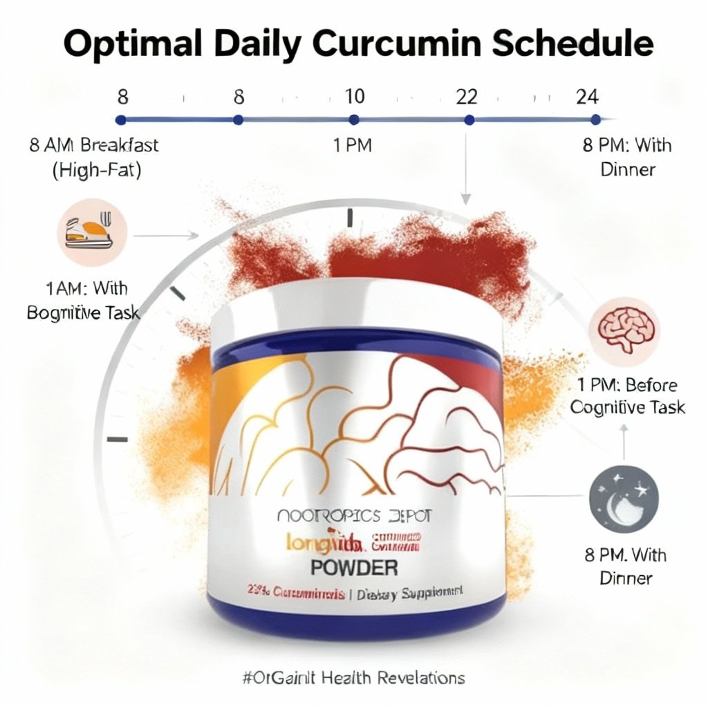 Infographic showing the optimal daily schedule for taking Nootropics Depot curcumin powder with meals and before cognitive tasks for maximum effectiveness.