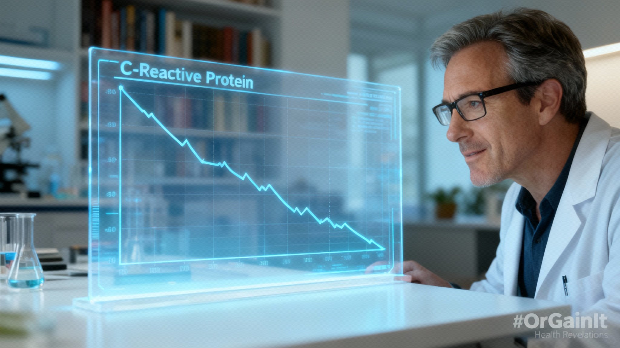 Author Robert Lees in a lab, analyzing a holographic graph of C-reactive protein levels, showcasing scientific authority.