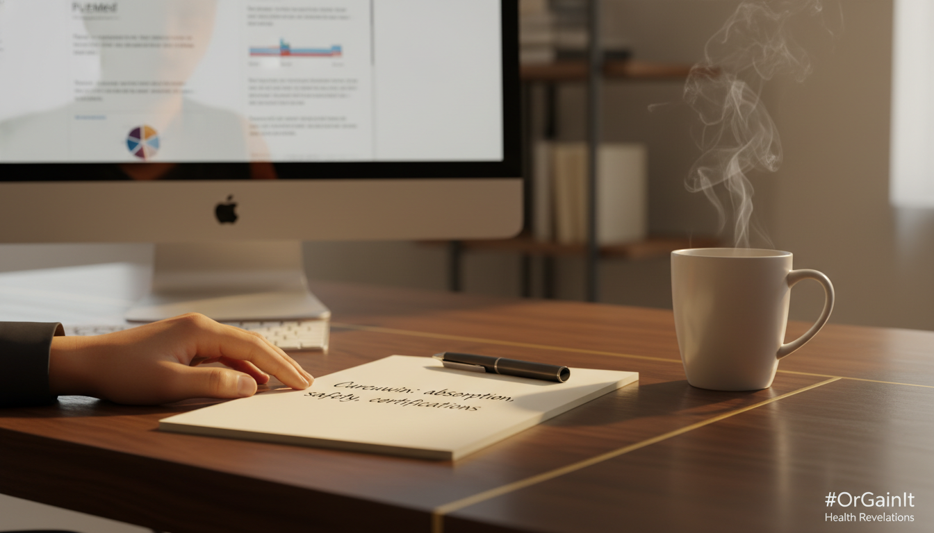 Robert Lees Reviewing Curcuwin Evidence and Clinical Data Author Robert Lees analyzing Curcuwin clinical evidence and notes on a screen