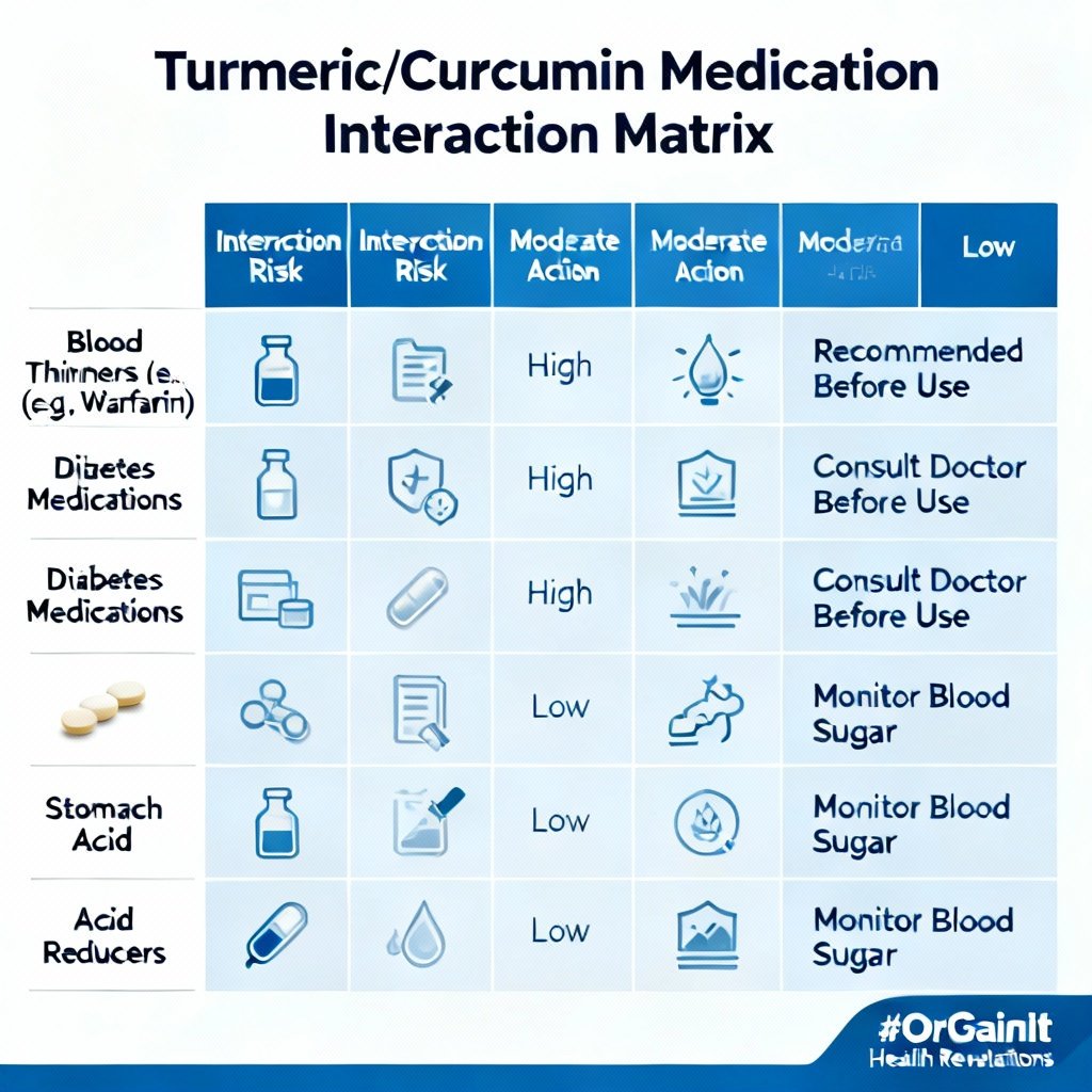 A matrix infographic detailing the interaction risk between turmeric/curcumin and medications like blood thinners, diabetes drugs, and stomach acid reducers.