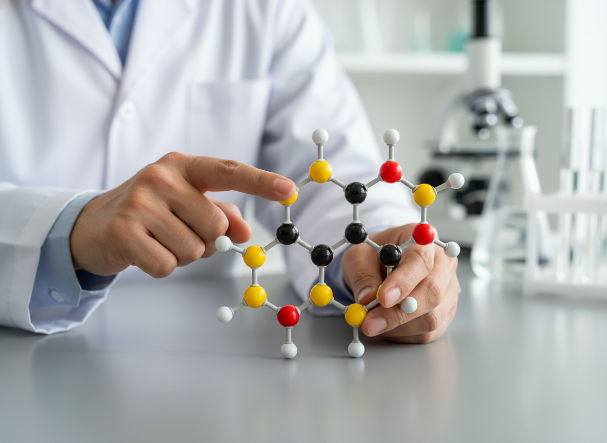 A scientist examining the molecular structure of curcumin, highlighting the deep scientific research and chemical understanding that underpins the development of advanced, highly bioavailable formulations like BCM-95®.