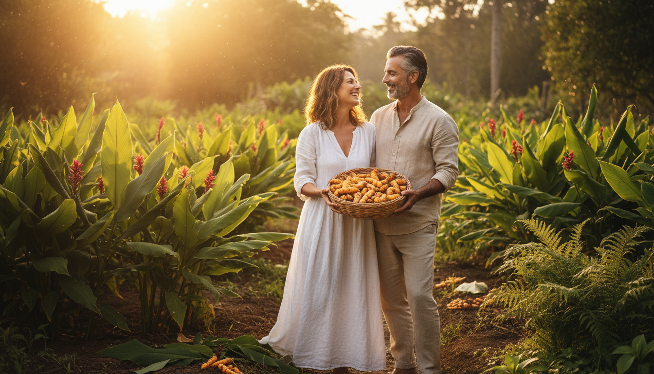 A vibrant, healthy couple in their 50s joyfully harvesting golden turmeric roots in a sun-drenched garden, symbolizing the rich health benefits unlocked by Meriva Curcumin.
