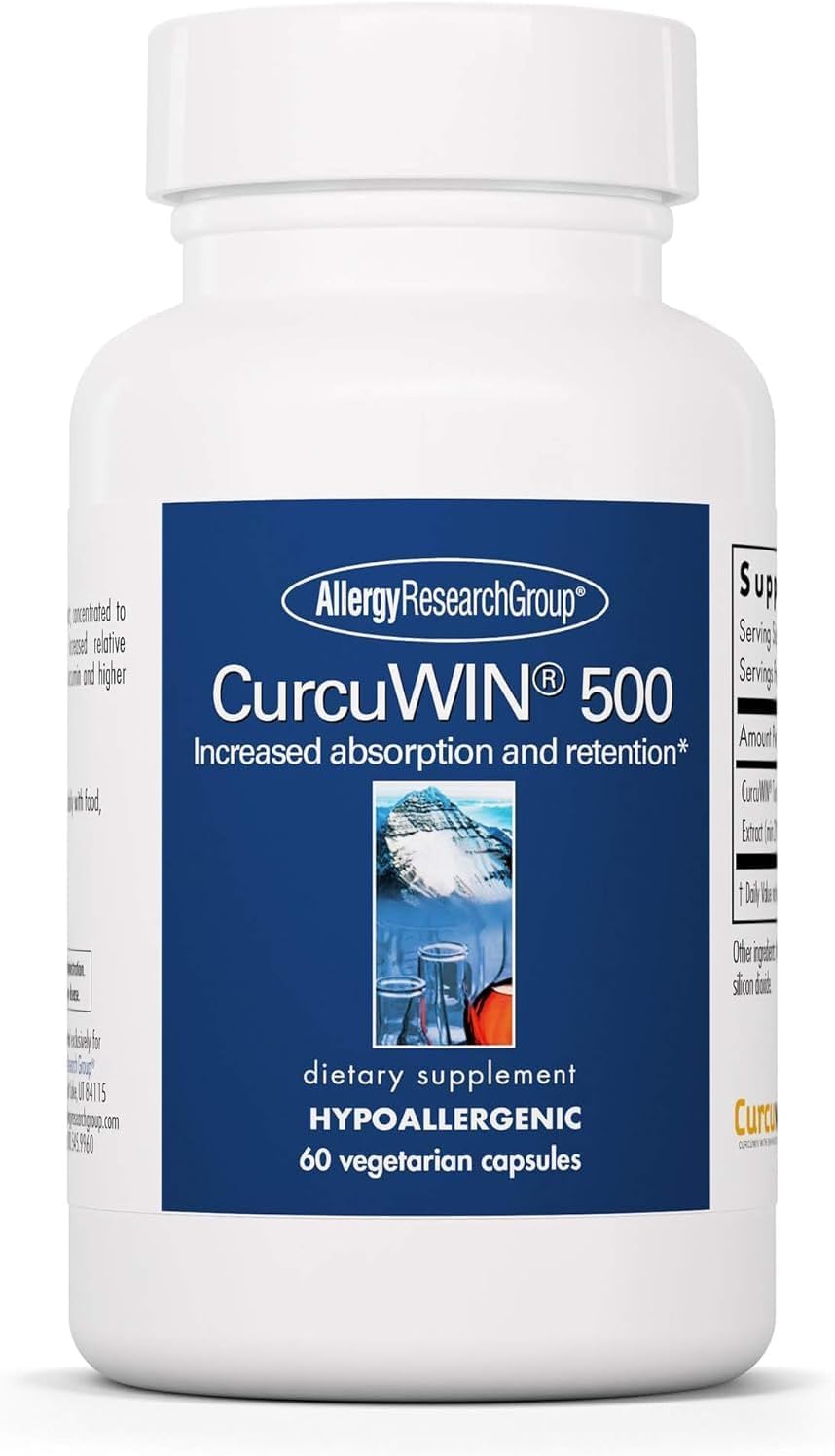 Allergy Research Group CurcuWIN 500 bottle, our co-winner for best Curcuwin supplement.
