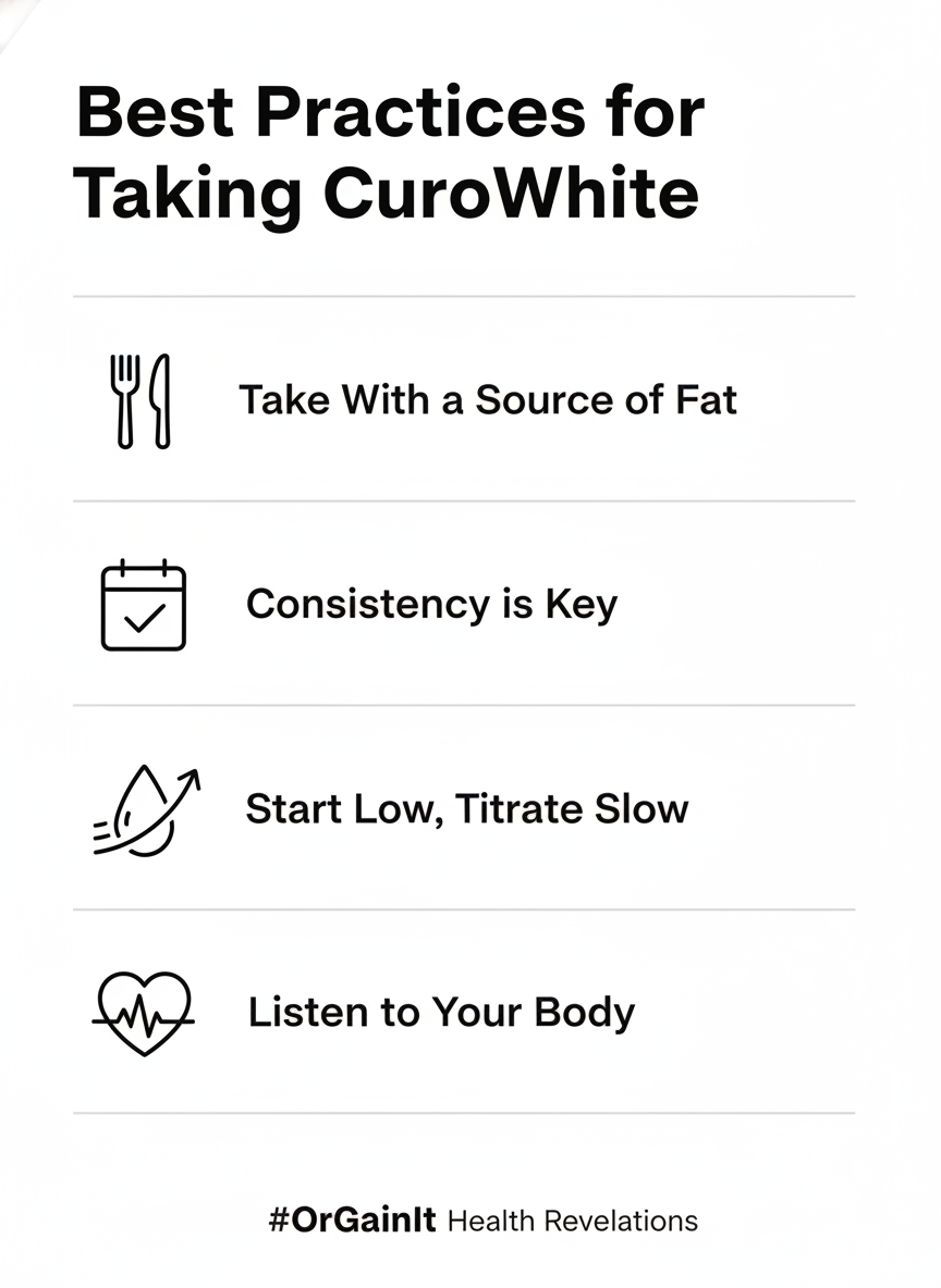 A checklist infographic showing the best practices for taking CuroWhite, including taking it with fat, being consistent, staying hydrated, and starting with a low dose.