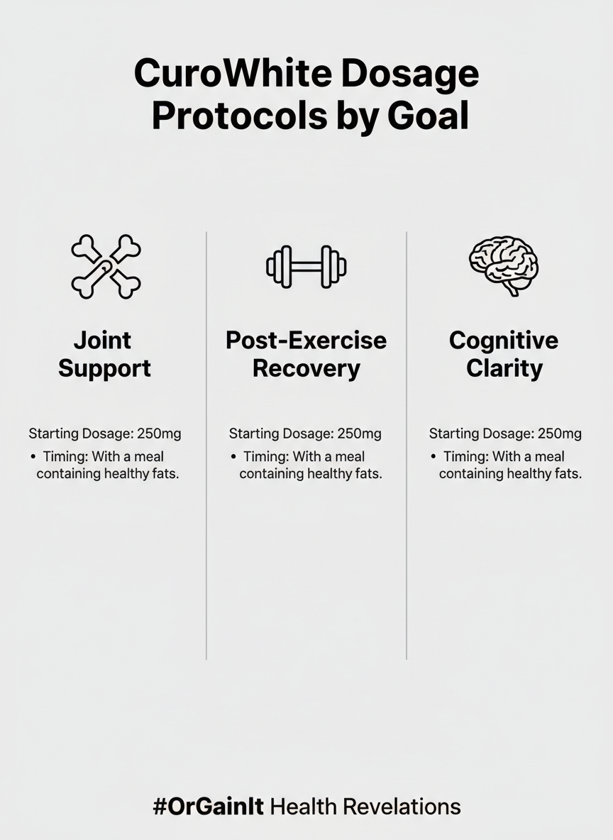 Infographic detailing the starting dosage and timing recommendations for taking CuroWhite curcumin for joint support, post-exercise recovery, and cognitive clarity.