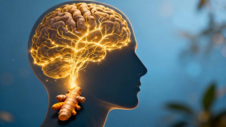 A symbolic image showing a golden light from a turmeric root illuminating the neural pathways of a brain, representing how turmeric can support mental health and depression.