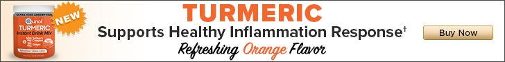 Banner display of primary benefit taking the qunol turmeric instant drink mix