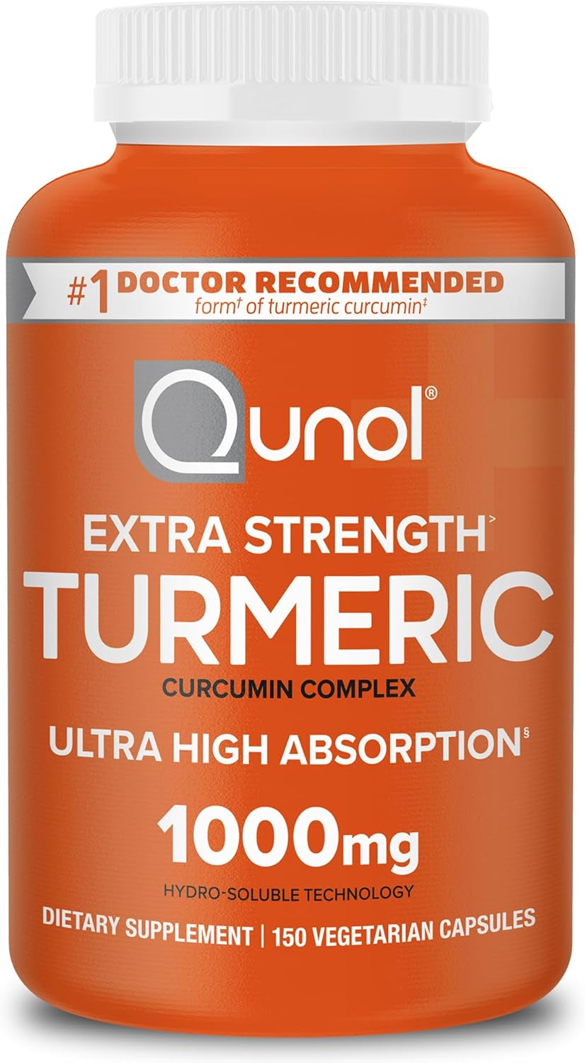 A product image of the Qunol Extra Strength Turmeric Curcumin bottle, a trusted all-around supplement for digestive health and joint support.
