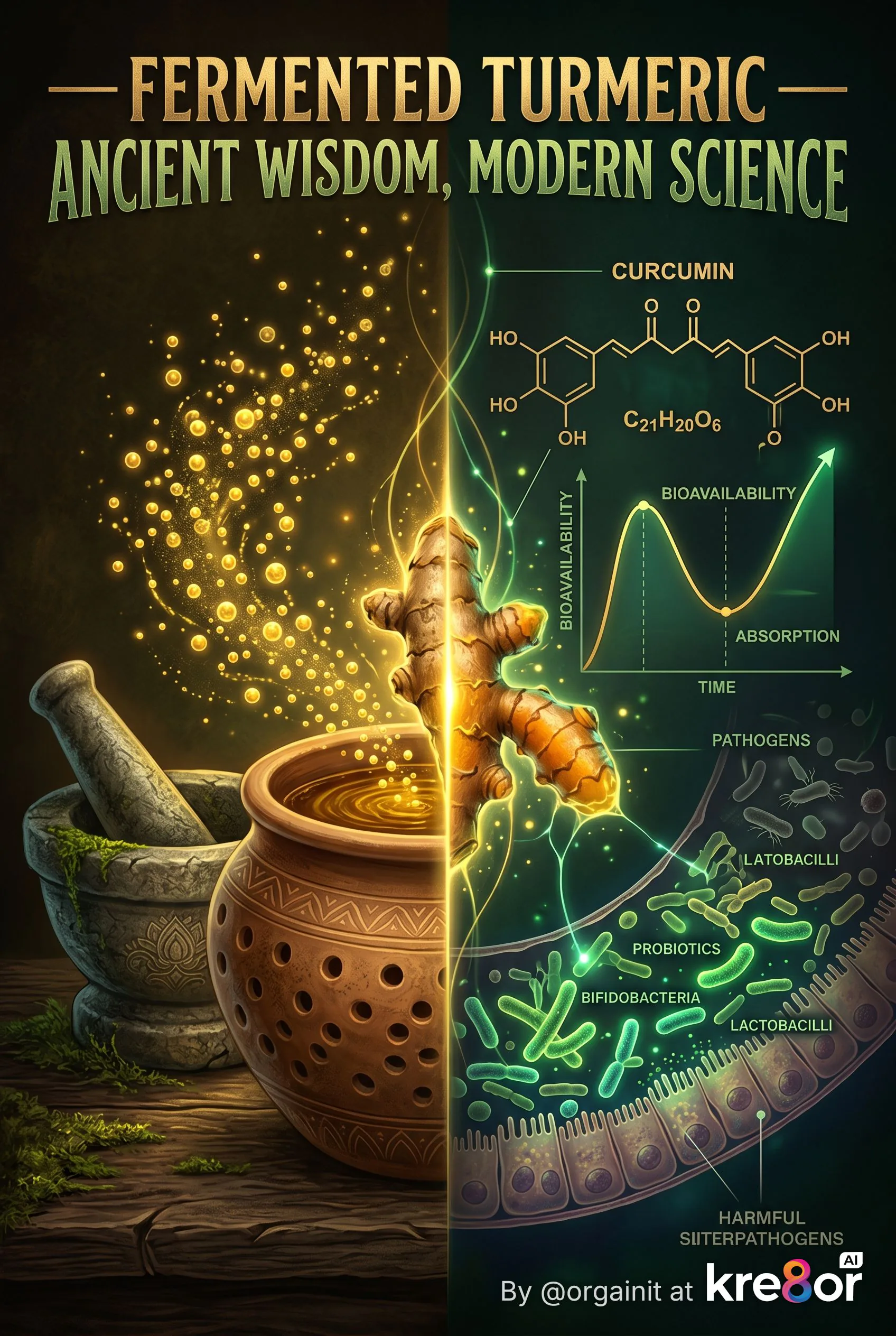 Ancient lacto-fermentation of turmeric root — the traditional technique that enhances curcumin bioavailability and probiotic content, revived by modern supplement science