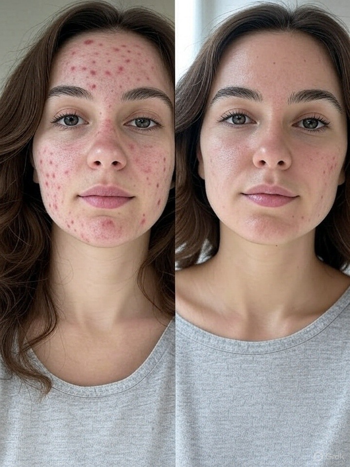 lady showing results of before and after 1 month of trying turmeric for acne masks