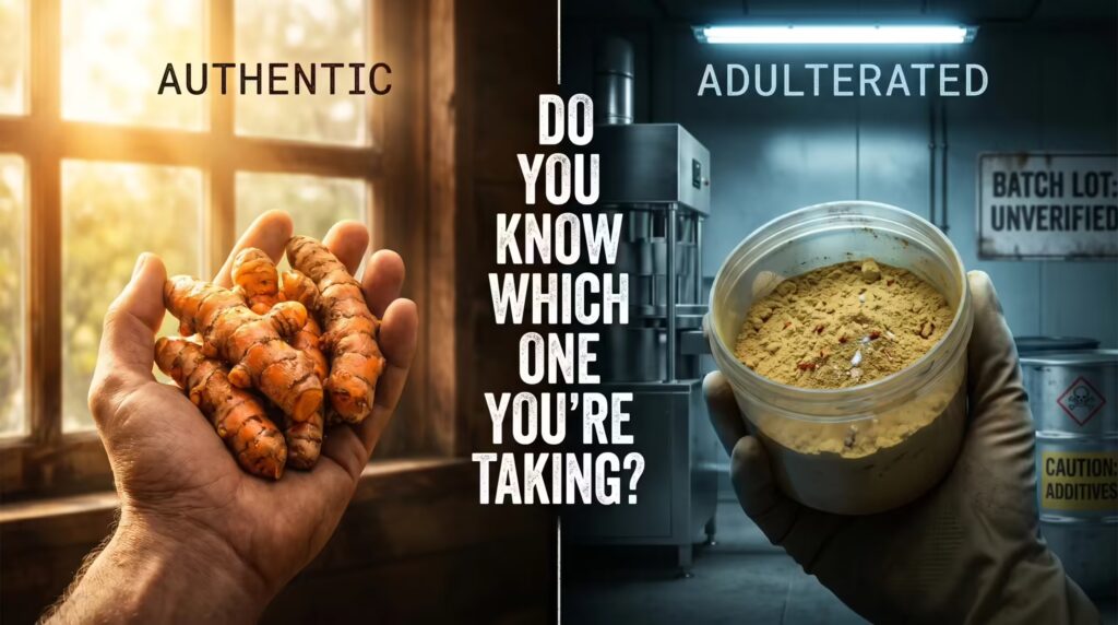 Authentic pure turmeric root vs adulterated turmeric powder — the visual contrast between genuine curcumin and lead chromate-contaminated product sold on shelves