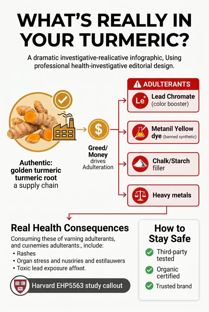 Turmeric adulteration infographic showing lead chromate, banned synthetic dyes, starch fillers and heavy metal contamination in commercial turmeric supplements — and how to spot them