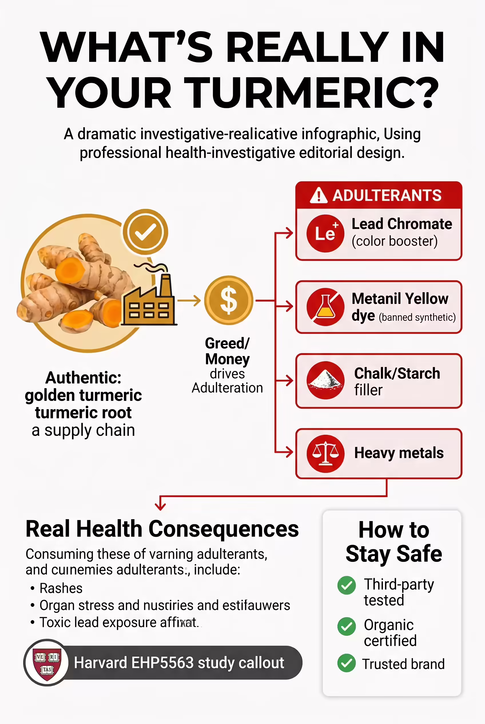 Turmeric adulteration infographic showing lead chromate, banned synthetic dyes, starch fillers and heavy metal contamination in commercial turmeric supplements — and how to spot them