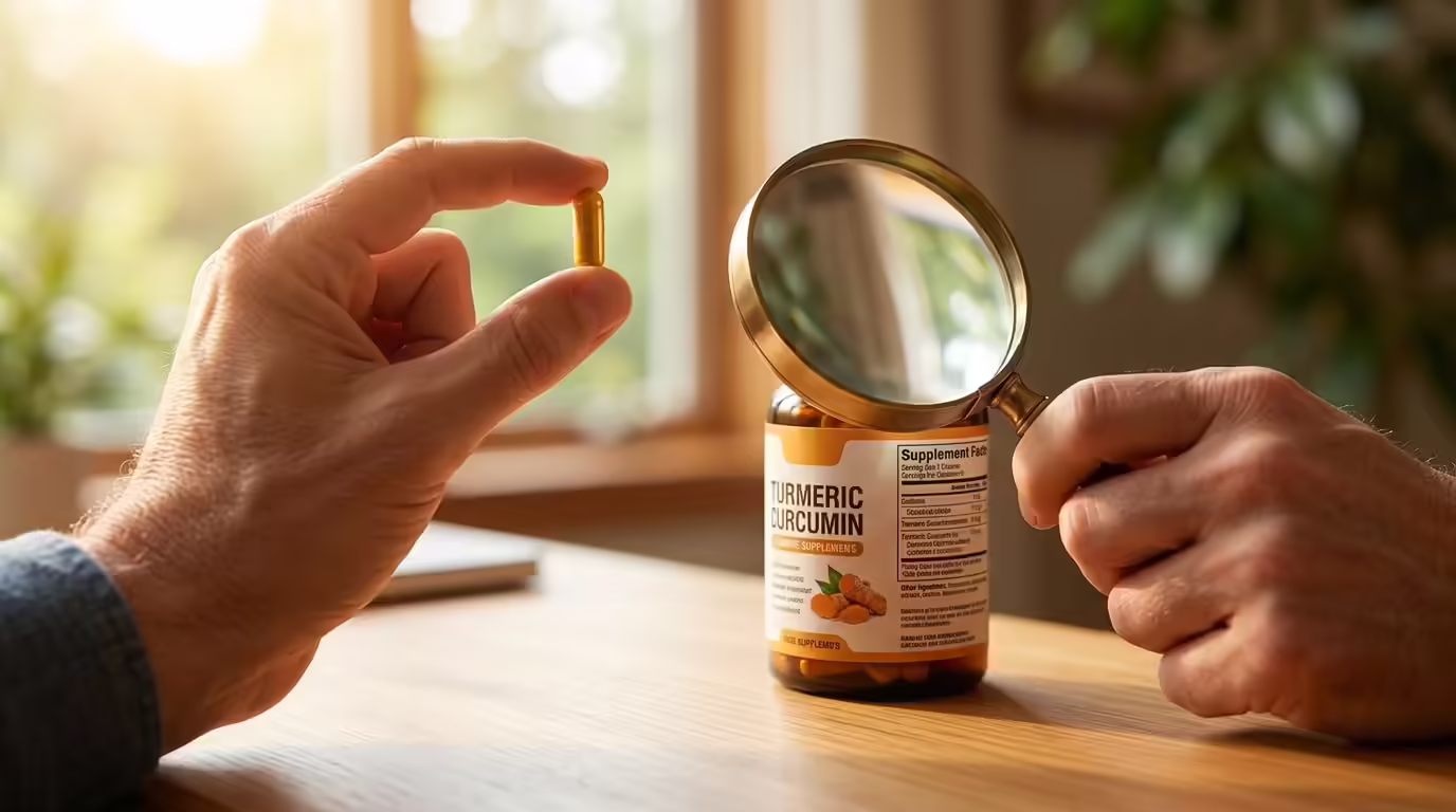 Robert Lees examining turmeric supplement label and capsule — OrGainIt Health guide to side effects, adulteration risks and safe supplementation