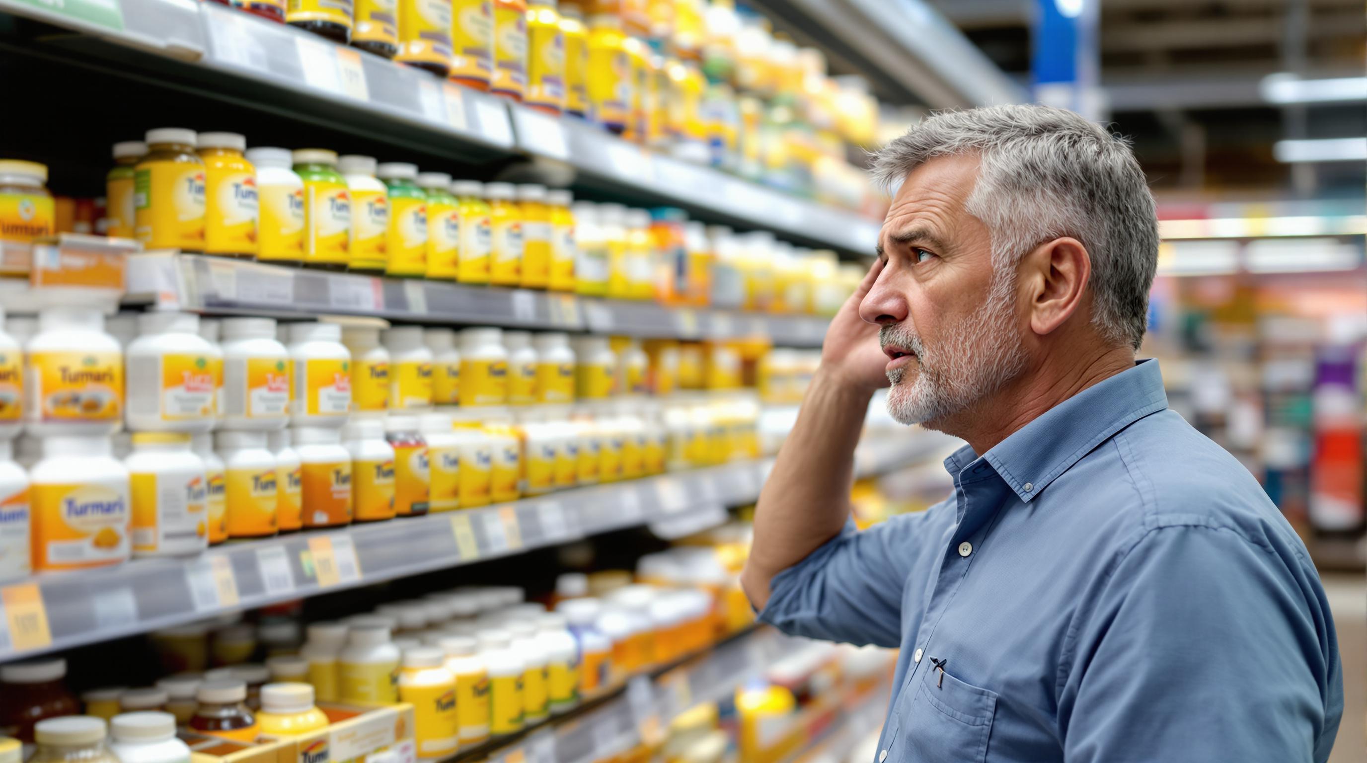 man standing by a large array of turmeric supplements getting frustrated