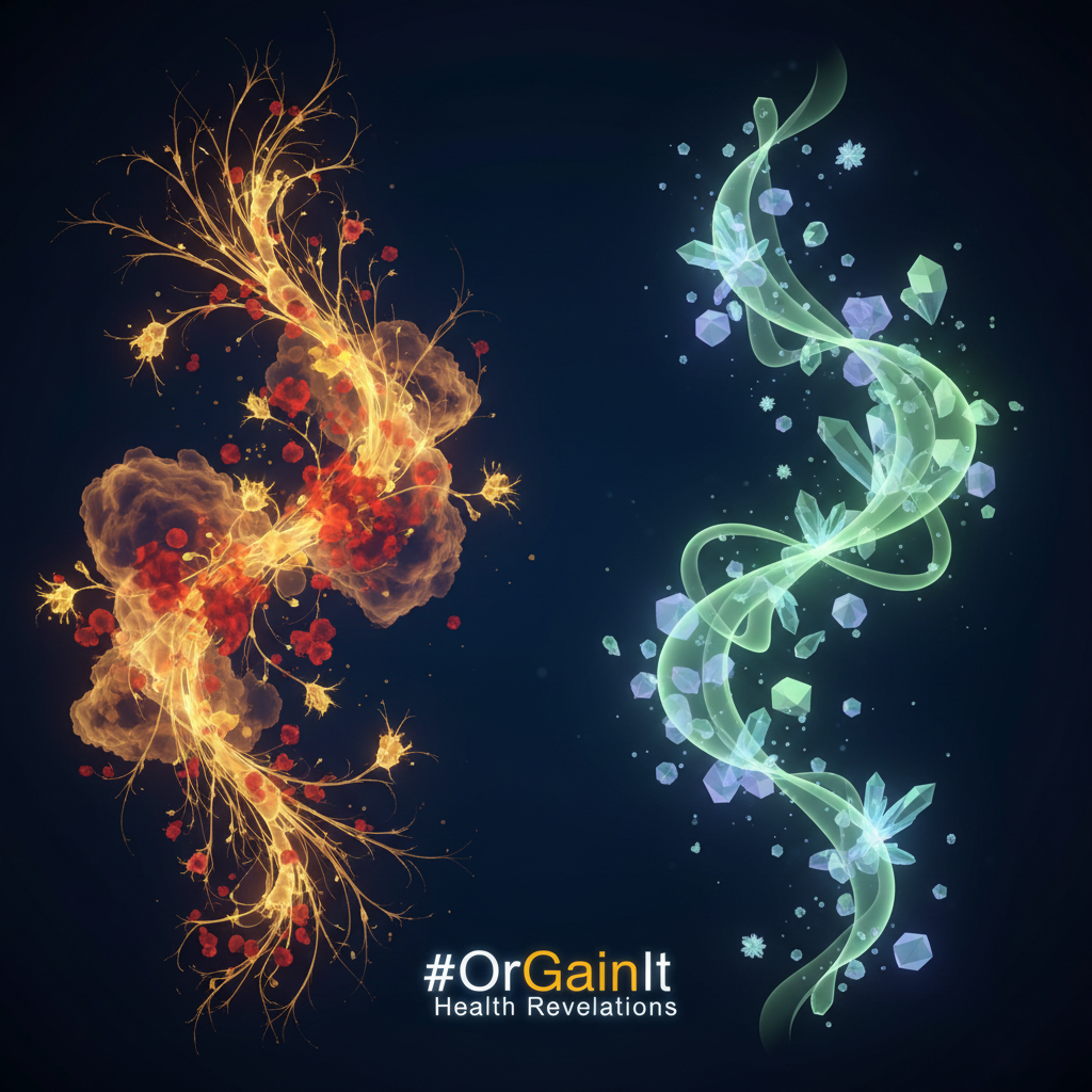 Abstract scientific illustration showing the different biological pathways of turmeric (golden) for inflammation and CBD (green) for brain and nerve receptors.