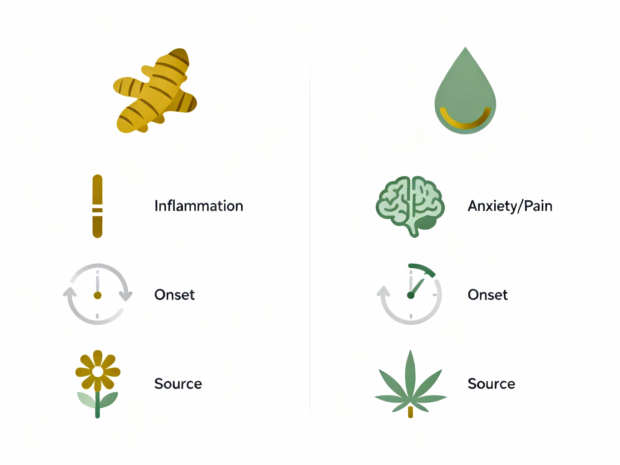 Infographic comparing the key differences between turmeric and CBD, highlighting their primary uses for inflammation vs. anxiety, onset time, and plant source.