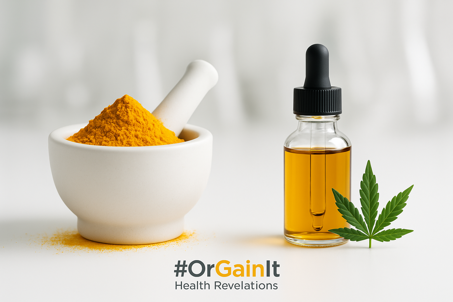 A minimalist composition comparing turmeric vs CBD, showing golden turmeric powder in a white mortar and pestle next to a bottle of CBD oil on a clean, clinical background.