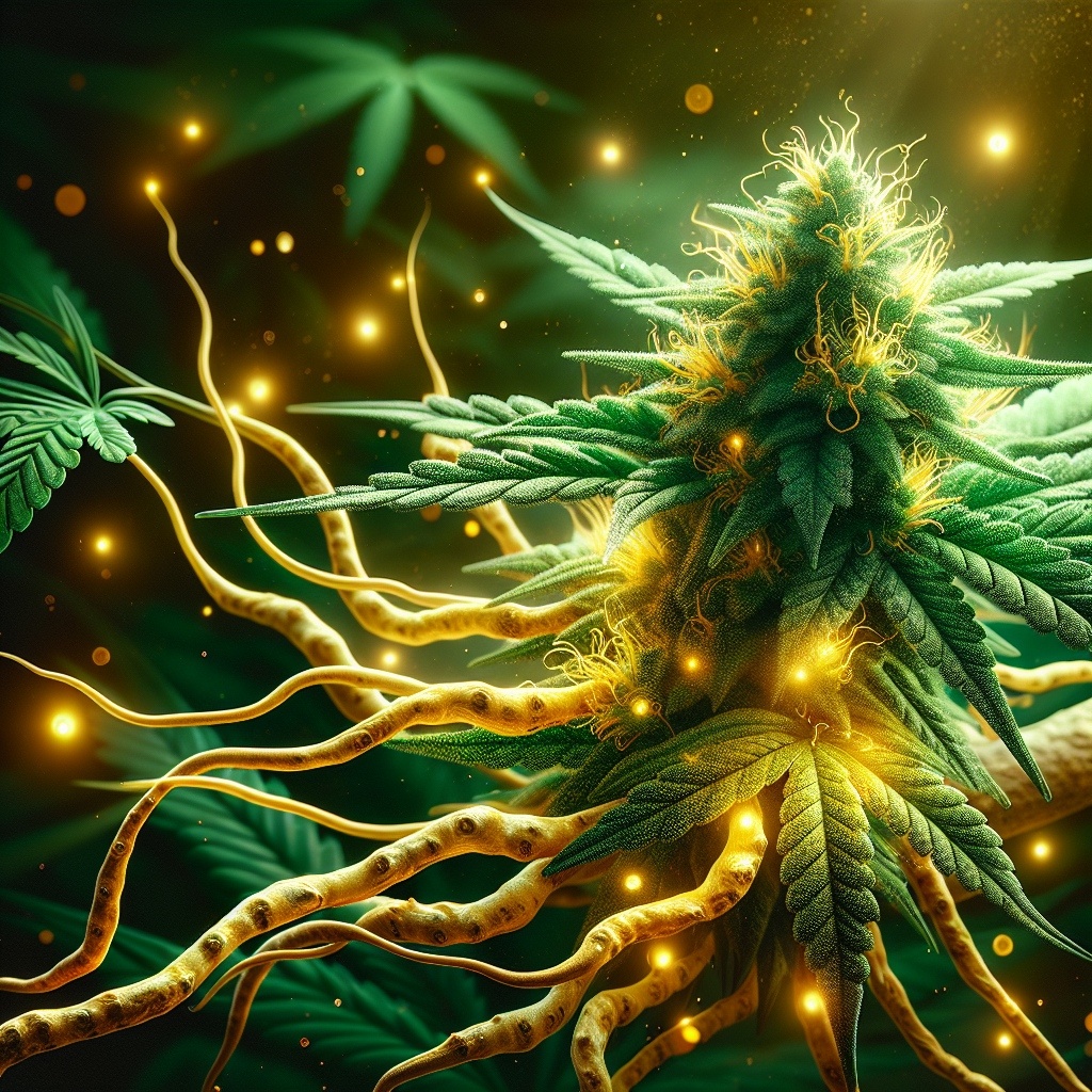 a cbd bud flowing with turmeric buds to display the strength in the top benefits for cbd and turmeric