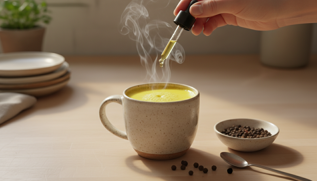 Adding CBD oil to a turmeric latte with black pepper and coconut oil for absorption