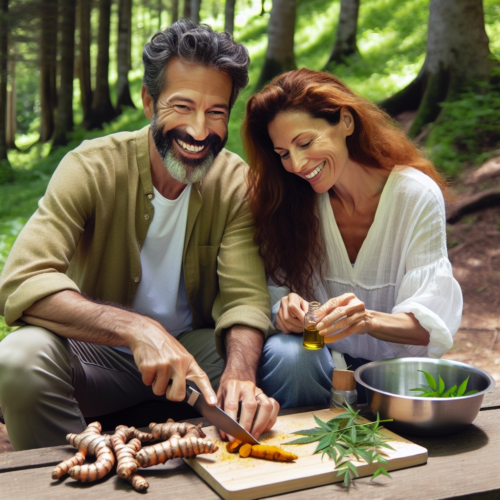 happy mid life couple enjoying nature and making a recipe of turmeric and CBD together