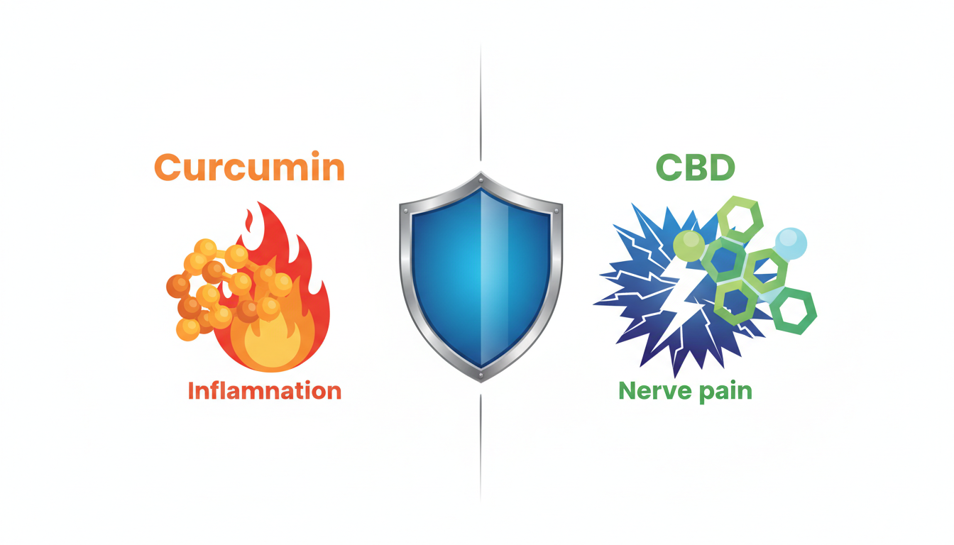 Medical diagram showing Curcumin blocking inflammation and CBD soothing nerve pain signals