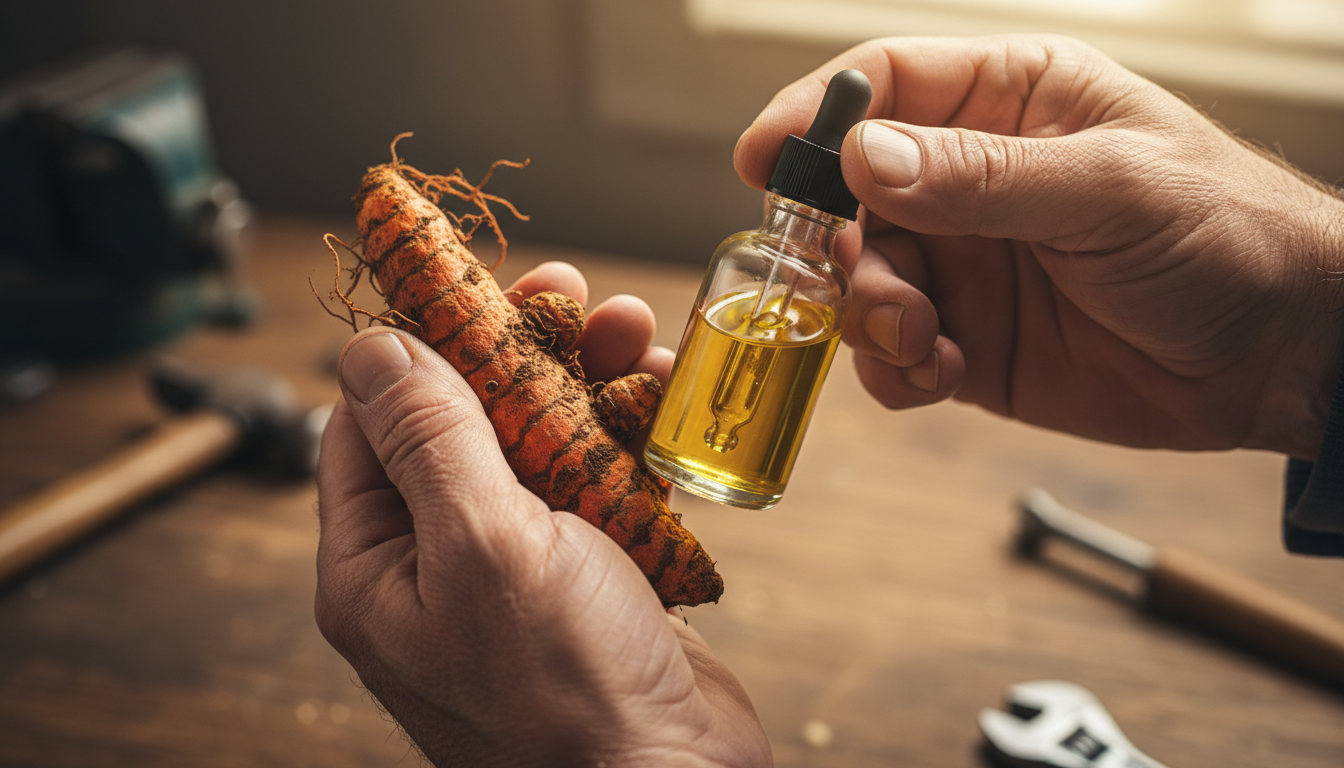 Rugged hands holding fresh turmeric root and CBD oil bottle in a workshop setting