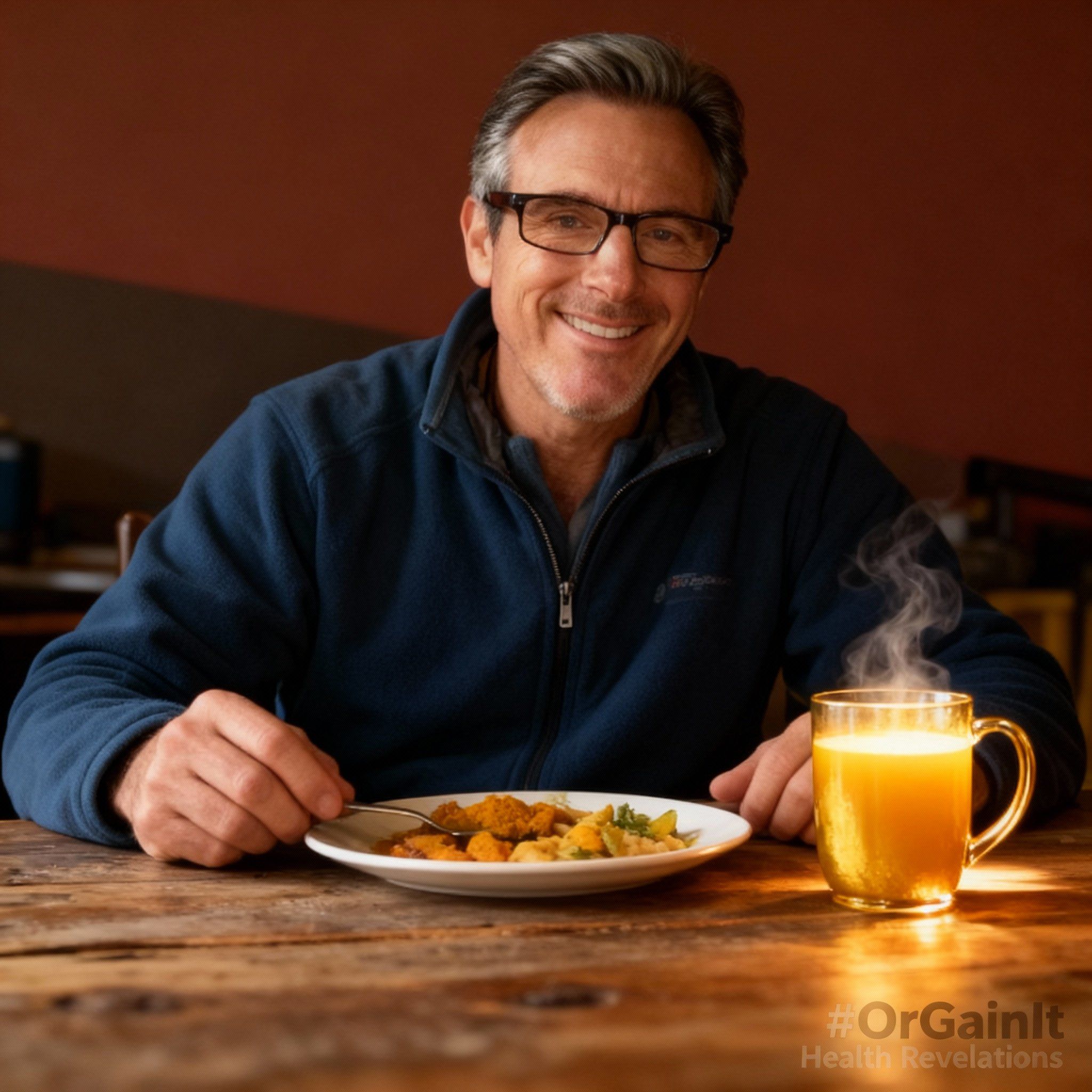 Rob from OrGainIt Health Revelations, smiling with relief after a meal, with a mug of golden turmeric tea, symbolizing the benefits of turmeric for digestion and bloating relief
