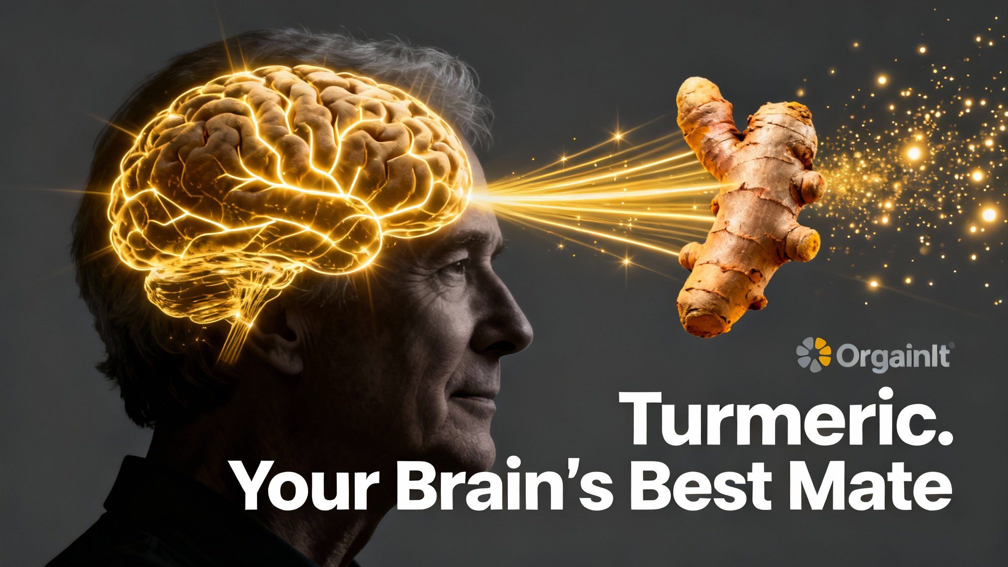 A silhouette of a brain being energized by golden light from a turmeric root, illustrating turmeric for brain health.
