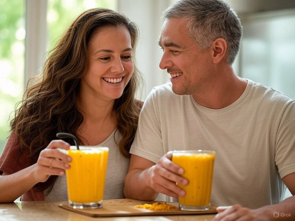 Couple enjoying their turmeric smoothies together and loving the vibe