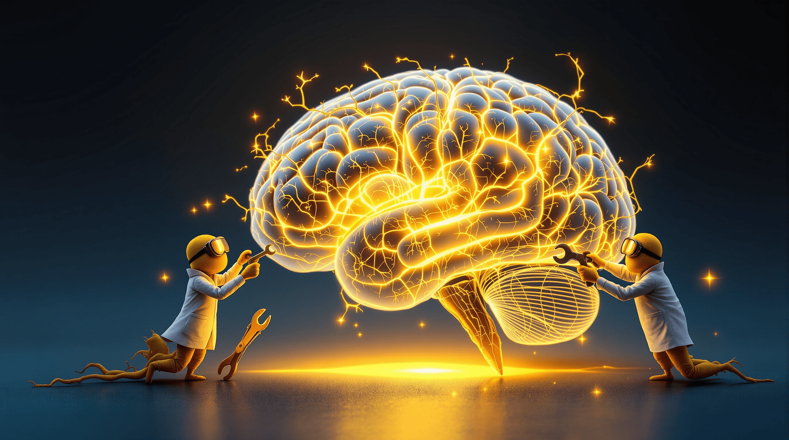 little doctor turmeric minions working on a brain as it glows with rejuvenation