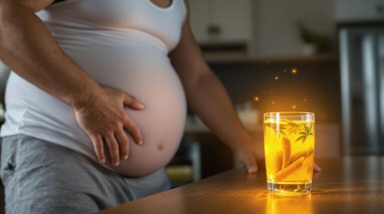 bloated man reaching to get his glass of turmeric for digestion elixir glowing with purities