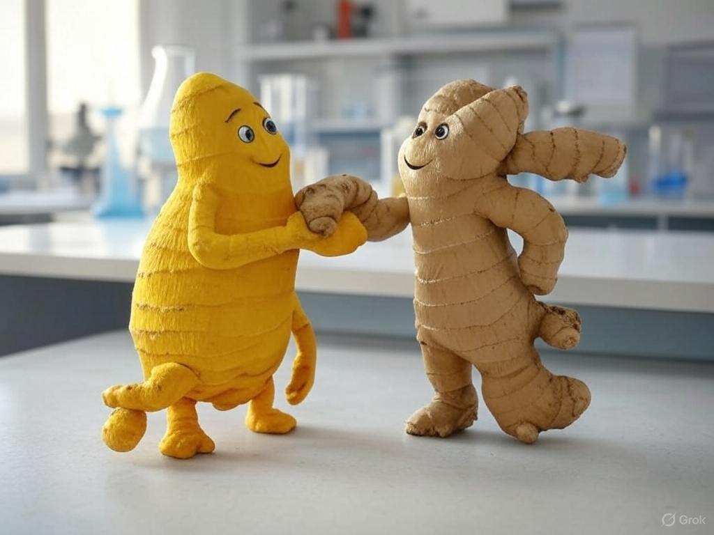 a turmeric ginger model shaking hands in a lab