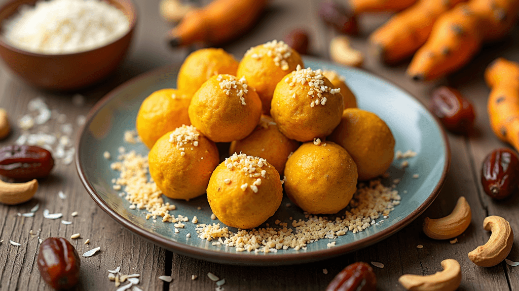 A plate of homemade turmeric energy balls surrounded by fresh turmeric roots, dates, and nuts