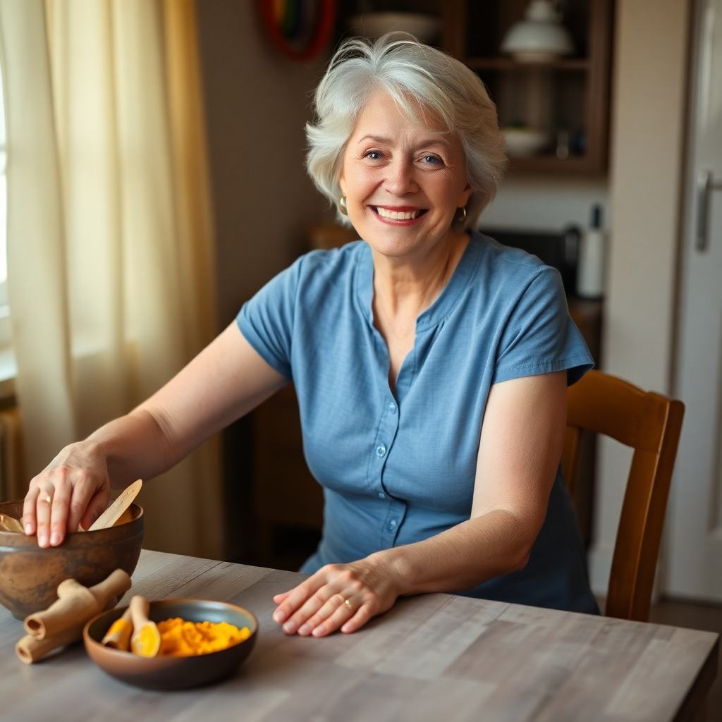 lady at the table making a turmeric for pain paste, feeling good about the results