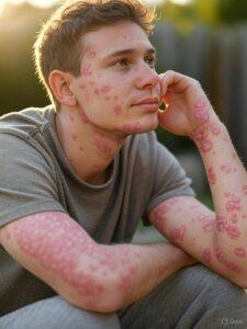 person with chronic psoriasis showing lesions before using turmeric