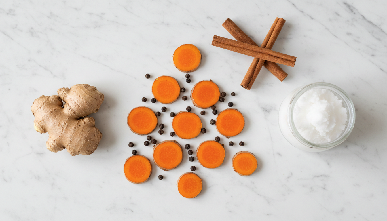 Fresh turmeric root, black peppercorns, and coconut oil arranged to show the necessary fats and spices for curcumin absorption
