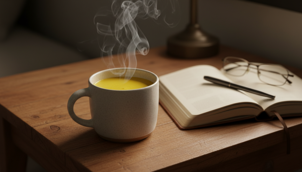 Steaming mug of golden milk turmeric latte on a bedside table next to a journal, representing a sleep and recovery ritual.