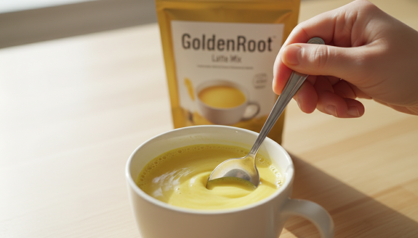Hand stirring GoldenRoot turmeric latte mix into a mug for a quick, sugar-free anti-inflammatory drink