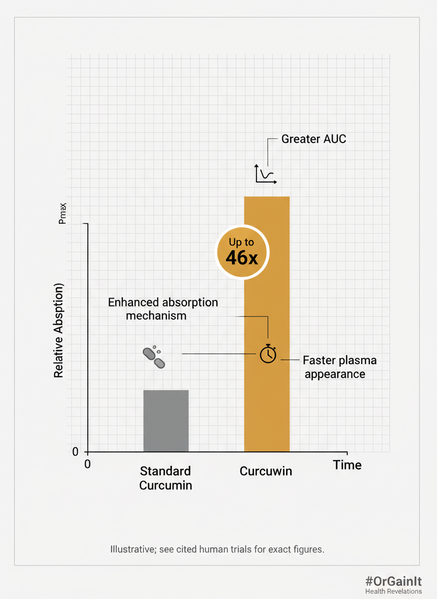 Infographic comparing Curcuwin bioavailability to standard curcumin with percentage differences