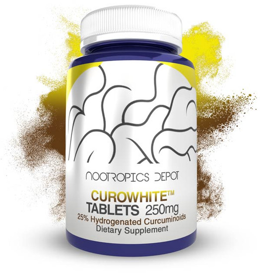 A bottle of Nootropics Depot CuroWhite Curcumin Tablets.