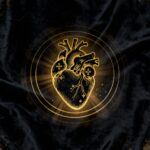 An icon representing turmeric's blessing for heart health. A golden anatomical heart emits calm, glowing ripples, symbolizing peace and cardiovascular harmony for midlife wellness.