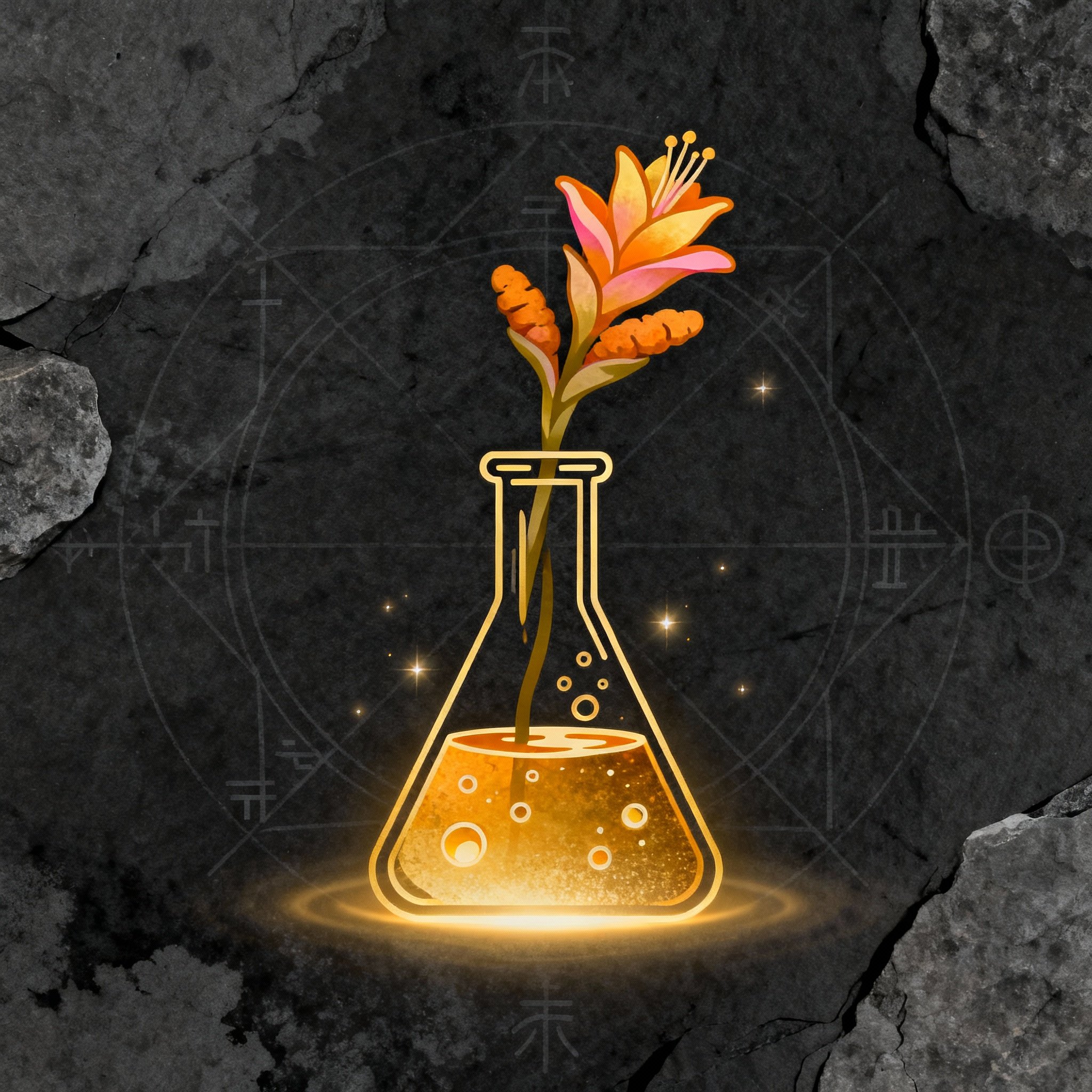 Golden science beaker with turmeric flower icon, representing the science of turmeric.