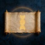 An icon representing the history of turmeric. An ancient golden scroll has a DNA helix woven into its text, symbolizing the blessing of ancient wisdom confirmed by modern science.